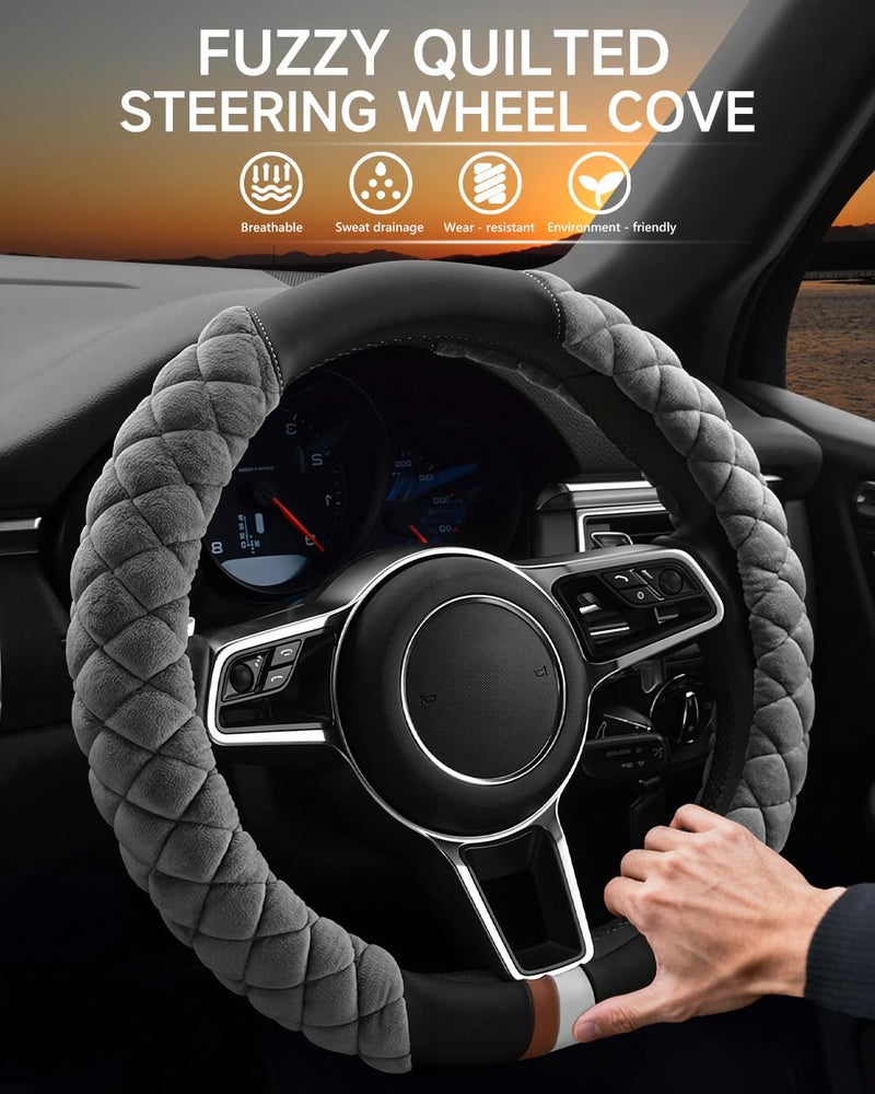 Cxtiy Fluffy Steering Wheel Cover Women Men Plush Steering Wheel Warmer for Winter Soft Fuzzy Luxury Car Accessories (A-Gray) - Image 2